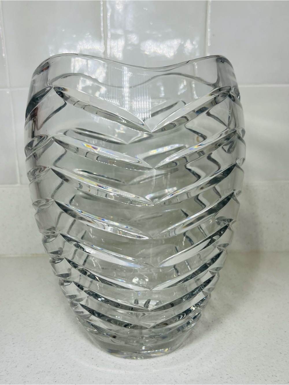 Large Clear Cut Glass Chevron Flower Vase 11 Inch